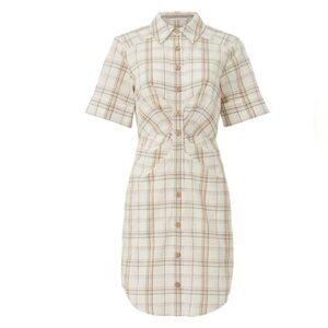 Veronica Beard Shirt Dress Beige Plaid Cotton Short Sleeves Rushed Size Medium